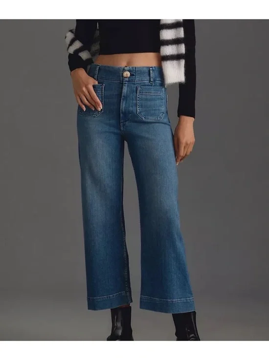 Pilcro Medium Blue Wide-Leg Crop Jeans - Picture 1 of 8